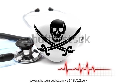 Flag of Jolly Roger Pirates white in the form of a heart next to a stethoscope, the concept of the world health system
