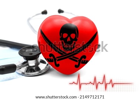 Flag of Jolly Roger Pirates red in the form of a heart next to a stethoscope, the concept of the world health system