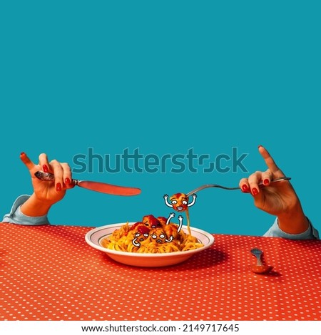 Food pop art. Female hands tasting spaghetti with meatballs with funny drawings isolated on bright blue and red background. Cartoon, vintage, retro style interior. Complementary colors, Copy space for