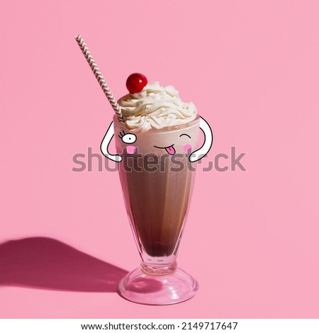 Coffee and whipped cream. Glass with irish coffee cocktail isolated on light pink background.Cartoon, pop art, retro, vintage style. Concept of drinks, taste, party. Design for ad poster