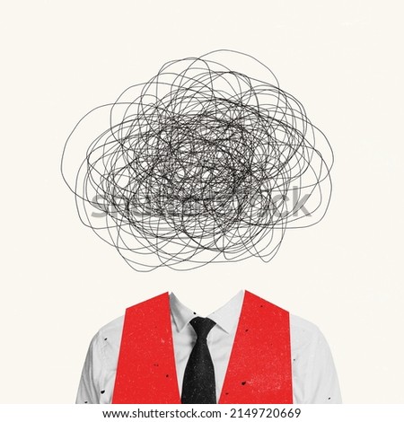 Contemporary art collage. Businessman with chaotic drawings instead head symbolizing active ideas generation, thoughtful look. Professional chaos. Concept of information, success, ideas, growth