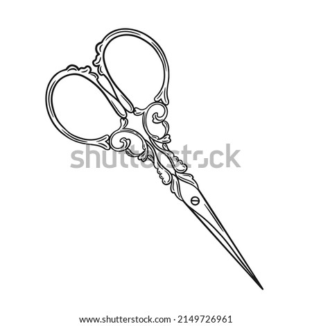 Hand drawn illustration of vintage scissors. Vector line drawing isolated on white background.