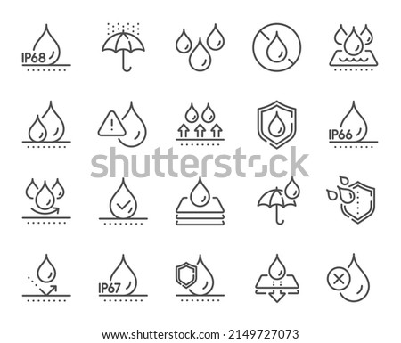 Waterproof line icons. Durable fabric surface, ip68 protection and moisture proof. Water repellent, ip67 defense and rain line icons. Flooding, waterproof fabric and water resistant. Vector Royalty-Free Stock Photo #2149727073