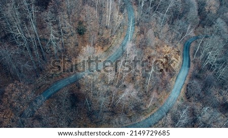 Aerial high angle view of narrow winding curvy mountain road among the trees in winter forest. Bird's eye view landscape.
