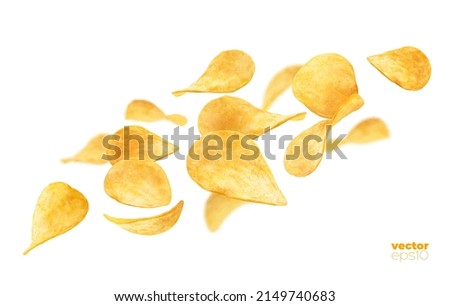 Flying crispy wavy potato chips, realistic 3d vector falling crunchy snack in motion. Delicious food advertising, crisp meal promotion with chips pile isolated fastfood Royalty-Free Stock Photo #2149740683