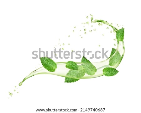 Green mint leaves and herbal tea wave round splash. Vector menthol, peppermint and matcha drink swirl, isolated spill or curve with realistic 3d drops explosion, falling droplets and splatters Royalty-Free Stock Photo #2149740687