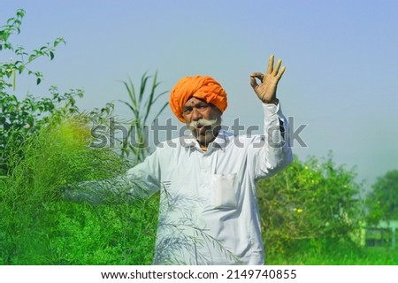 Senior Indian farmer standing in agricultural field.
