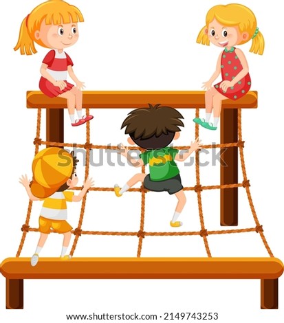 Children climbing on rope wall illustration