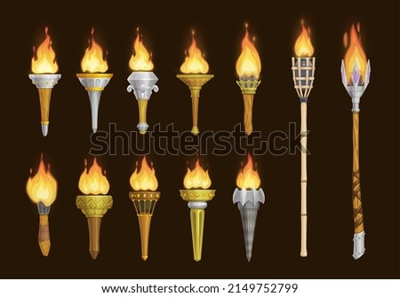 Cartoon medieval torches, vector game assets of ancient torch lanterns with burning fire. Fire torch light in stone and wooden pipe stick, tribal or victory cup torch lantern or torchlight