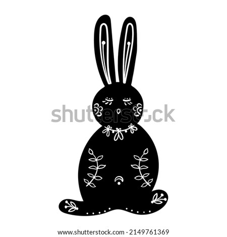 Silhouette rabbits with white floral elements. Isolated bunny vector illustration for kids designs.