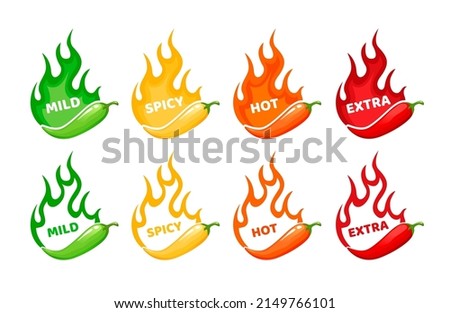 Hot spicy level labels, fire flames and red peppers symbols of mild, medium and extra hot, vector scale. Spicy food taste level icons with burning flame of chili pepper, jalapeno or Tabasco sauce Royalty-Free Stock Photo #2149766101