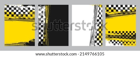 Rally racing sport grunge background, vector checkered flag and tire tracks road race pattern. Racing car or speed auto wheel tyre tread dirty marks or tracks with start or finish racing flags Royalty-Free Stock Photo #2149766105