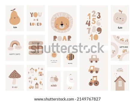 Cute cartoon Bohemian nursery posters. Boho vector print for wall decor in children's bedroom. Cute characters and hand drawn lettering quote. Lion, pear, cars, bee, rainbow Royalty-Free Stock Photo #2149767827