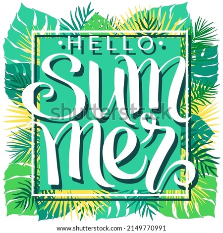 Summer, hand written lettering on palm leaves background, vector illustration, summer nature poster.