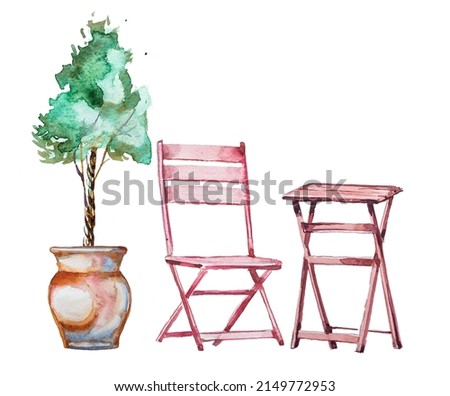Wooden chair and table for terrace. Watercolor hand painted cafe furniture design, Garden vintage furniture illustration isolated on white.