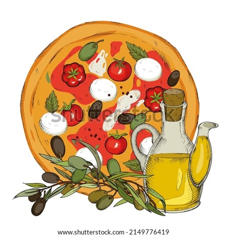 Baked pizza with tomato and mozzarella cheese, olive branch and oil in bottle, hand drawn vector illustration isolated on white background. Traditional italian pizza food and pizzeria symbol.