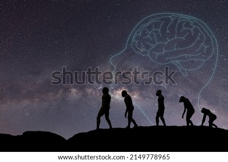 Human evolution, natural selection, from monkeys to modern humans. Anthropology and genetic heritage, against the background of the starry sky,milky way Royalty-Free Stock Photo #2149778965