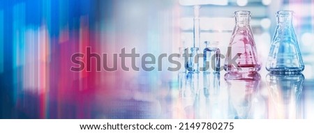 glass flask and vial chemistry science research lab and colorful digital abstract banner background Royalty-Free Stock Photo #2149780275