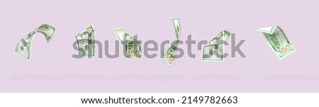 Set of flying one hundred dollars bills on pastel background. Flying of US dollar banknote on pink pastel background. Investment and saving concept. Royalty-Free Stock Photo #2149782663