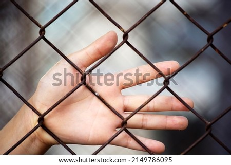 close up of the prisoner's hand arrest in jail mesh as background