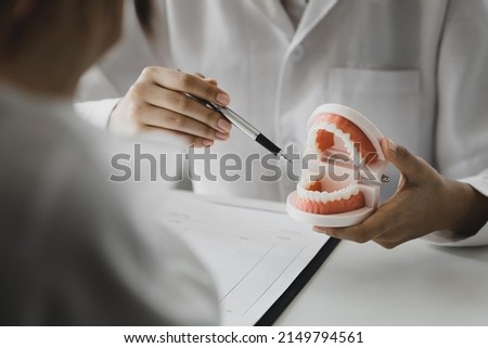 Dentists hold models used for dental care consultations, dental clinics, dental and oral treatments and treatments, patients undergo dental care consultations. Royalty-Free Stock Photo #2149794561