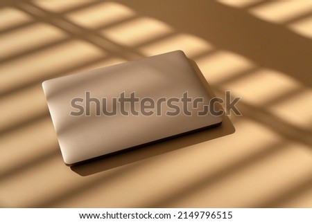 Laptop in the sunshine. Office desk. Cozy workplace with shadows. Minimalistic mockup scene. Technology, working from home, blogging, online shopping concept