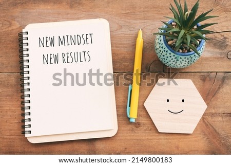 concept image with new mindset new results text. top view of office table
