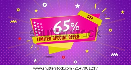 65% off limited special offer. Banner with sixty five percent discount on a purple background with yellow square and pink