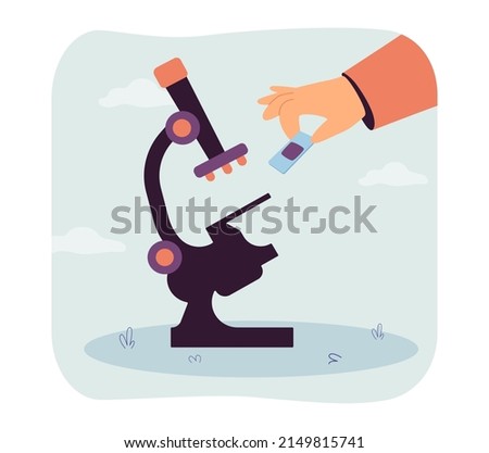 Hand of scientist holding glass slide with biopsy. Research of medical pathology by person using lab microscope flat vector illustration. Science concept for banner, website design or landing web page Royalty-Free Stock Photo #2149815741