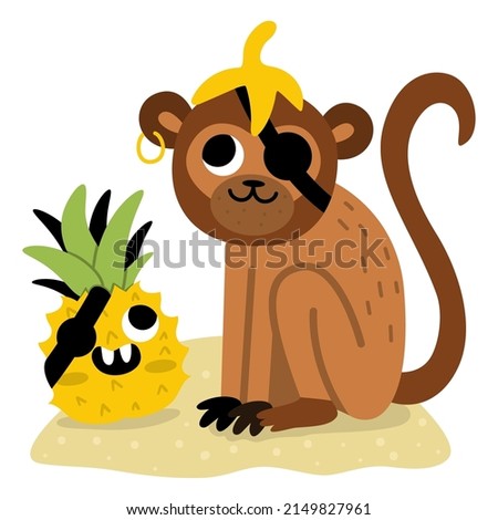 Vector pirate monkey with smiling pineapple. Cute one eye animal and fruit illustration. Treasure island hunter with banana skin. Funny pirate party scene for kids. Tropic ape picture with eye patch   Royalty-Free Stock Photo #2149827961