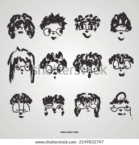 Doodle women faces in glasses with different emotions