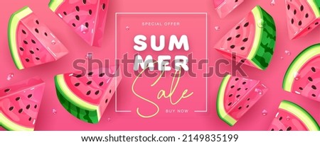 Summer sale poster with slices of watermelon on pink background. Summer watermelon background. Vector illustration Royalty-Free Stock Photo #2149835199