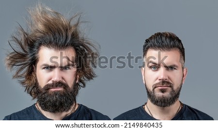 Shaving, hairstyling. Beard, shave before, after. Long beard Hair style hair stylist Collage man before and after visiting barbershop, different haircut, mustache, beard. Male beauty, comparison. Royalty-Free Stock Photo #2149840435