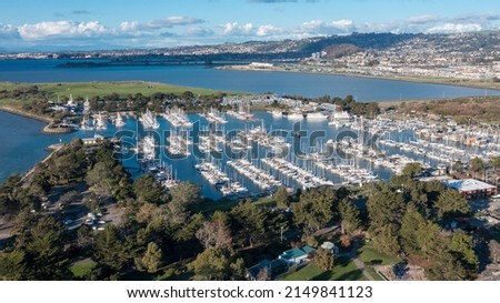 Aerial view of boats over blue water in Berkeley Marina, SF Bay Area, California, USA Royalty-Free Stock Photo #2149841123