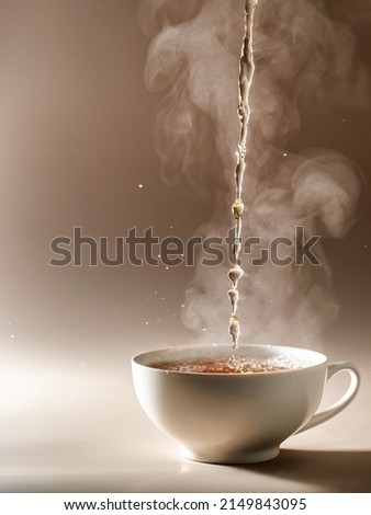 Cup of tea with steam on brown background. Process brewing tea, Concept of Tea Break. Text space. Vertical orientation Royalty-Free Stock Photo #2149843095