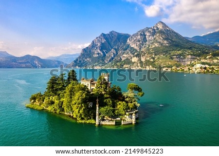 Aerial view of Loreto Island with the castle on Lake Iseo in Northern Italy Royalty-Free Stock Photo #2149845223