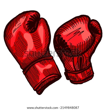 Red boxing gloves sketch in isolated white background. Vintage sporting equipment for kickboxing in engraved style. Vector hand drawn design for poster, print, book illustration,tattoo.