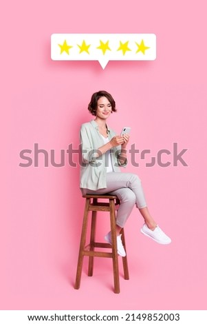 Photo artwork minimal collage of beautiful lady sitting chair leaving goods feedback isolated pink color background Royalty-Free Stock Photo #2149852003