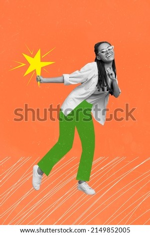 Vertical creative collage of positive person dancing hand hold star isolated on drawing background