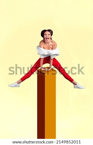Vertical creative collage of positive active person jumping high obstacle isolated on drawing background