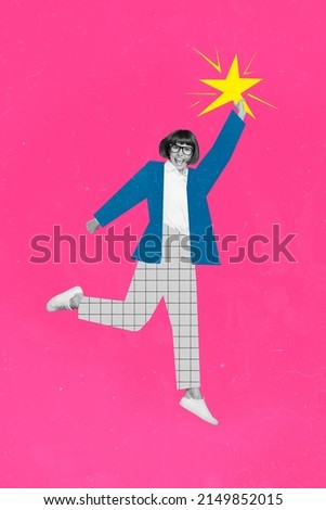 Photo cartoon comics collage of attarctive lady black white visual effect reaching success isolated pink color background Royalty-Free Stock Photo #2149852015