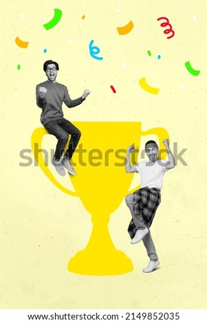 3d creative abstract template photo graphics collage of two people celebrating winning world cup isolated yellow color background