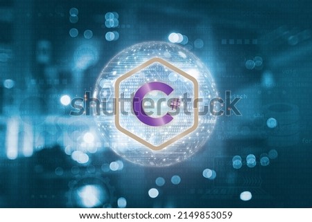 C Sharp sign and server room background. c# programming concept. Coding language, Software development. Learning C Sharp, training, computer courses, Web banner. Royalty-Free Stock Photo #2149853059