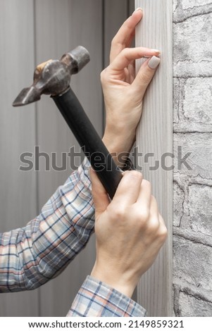 woman hammering a nail holding a hammer in her hand. High quality photo