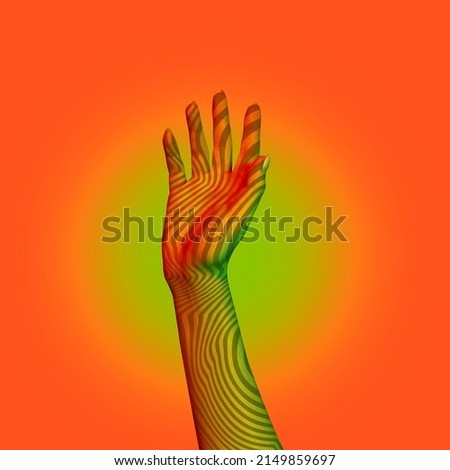Dream, One painted human hand gesturing isolated on orange background. Concept of contemporary art, beauty, creativity, diversity, care, support and ad. Symbolism