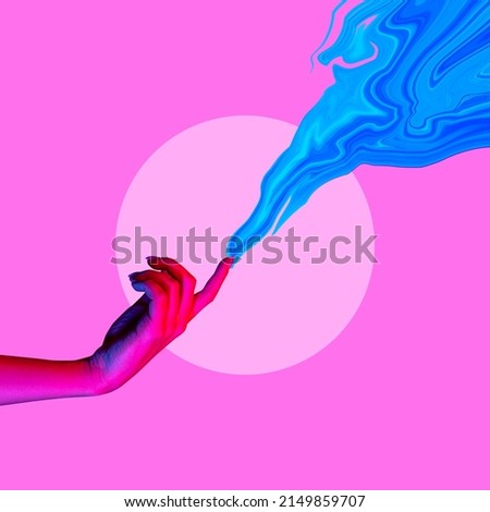 Female hand touching blue wave on magenta color background. Modern design, contemporary art collage. Inspiration, idea, trendy urban magazine style. Negative space to insert your text or ad. Royalty-Free Stock Photo #2149859707