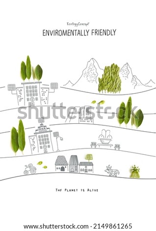 Environmentally friendly planet. Eco city and clean environment in the countryside. Hand drawn sketches of a city houses and rural houses with solar panels, electric car and green factory.