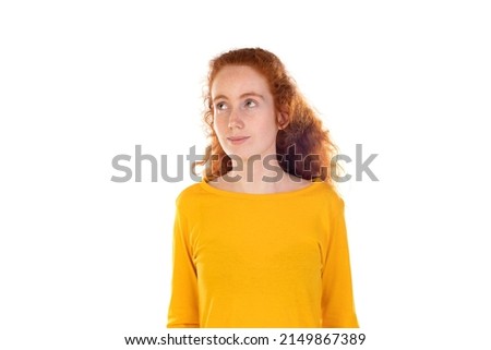 Close-up cheerful attractive redhead girl long healthy hair smiling camera isolated on a white background