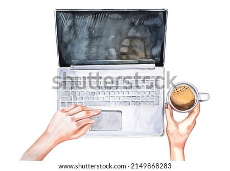 Hands and laptop top view.  Watercolor hand painted boss girl concept design. Business woman illustration. Freelancer themed clipart isolated on white.