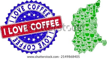 Vector collage of wine Lubusz Voivodeship map with grunge bicolor I Love Coffee seal stamp. Red and blue bicolored seal with rubber texture and I Love Coffee text.